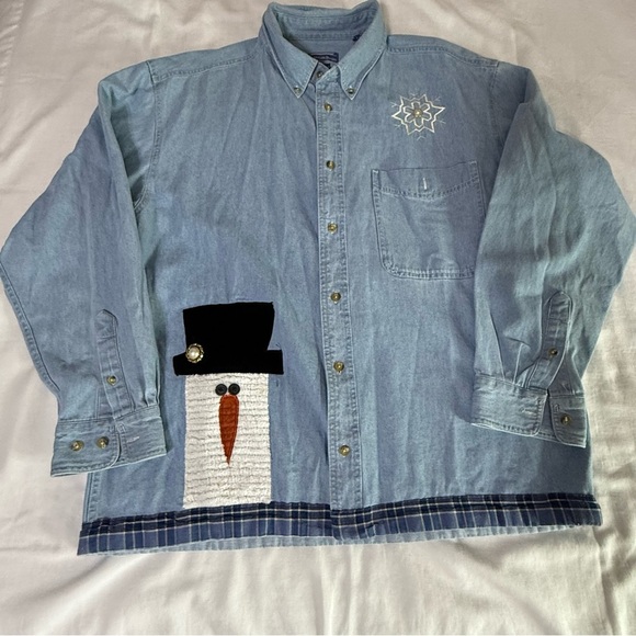Allsport Denim Jean Shirt Size Large Longsleeve  Women Snowman Applique Granny - Picture 1 of 10